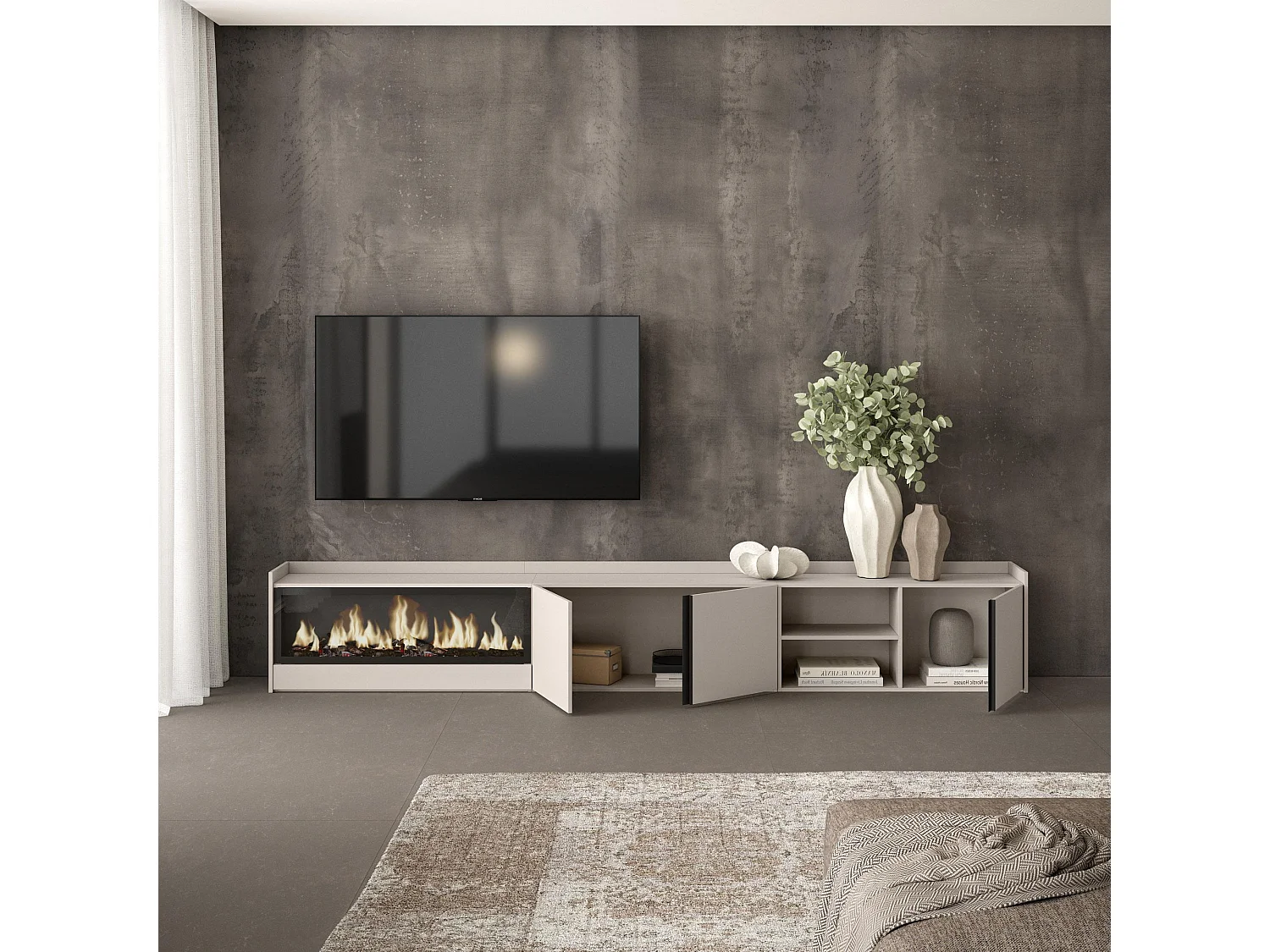 TV-Schrank - Lowboard - 315x50x35cm - Für TV-Geräte bis zu 80" - Elektrokamin XXL - Beige