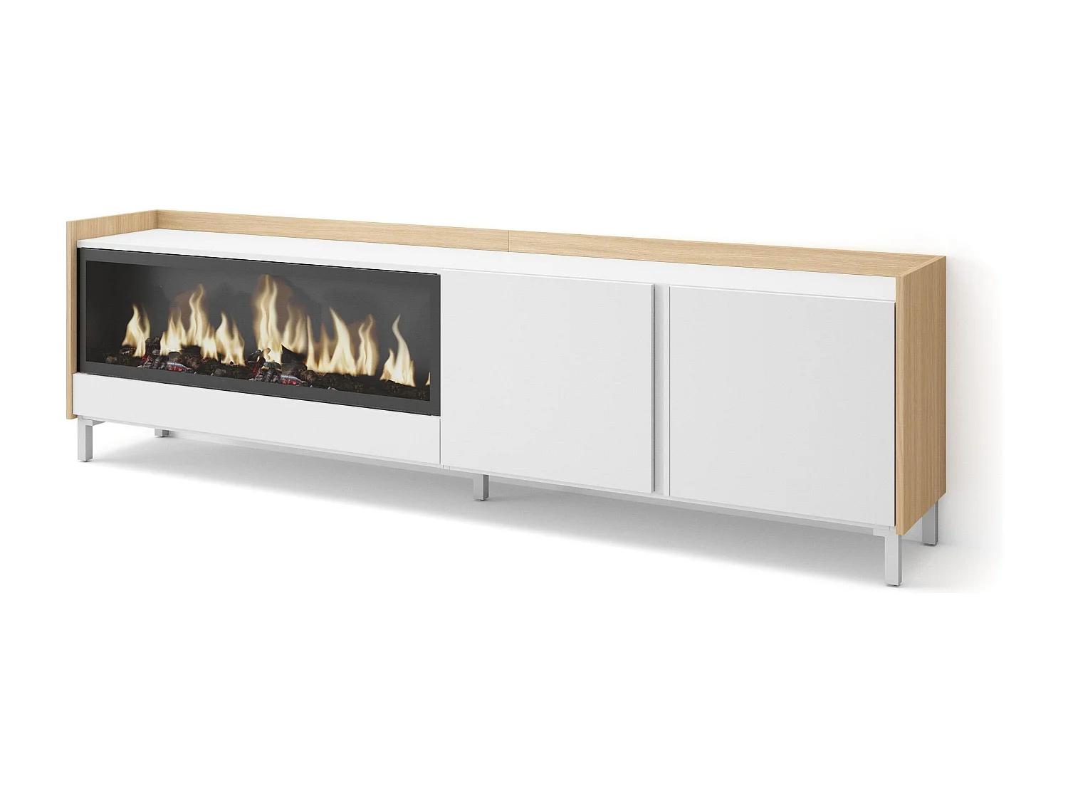 Meuble TV, Banc Télé, 212x61x35 cm, Pour les TV jusqu'à 80", Cheminée électrique XXL, Design industriel, Blanc et Chêne Soft