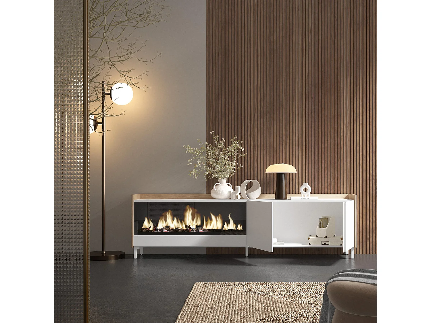 Meuble TV, Banc Télé, 212x61x35 cm, Pour les TV jusqu'à 80", Cheminée électrique XXL, Design industriel, Blanc et Chêne Soft