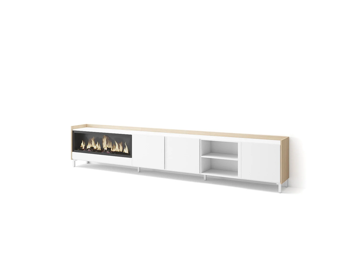 TV-Meubel, Lowboard, 315x61x35 cm, Voor tv's tot 80", Elektrische haard XXL, Industrieel design, Wit en Eiken soft