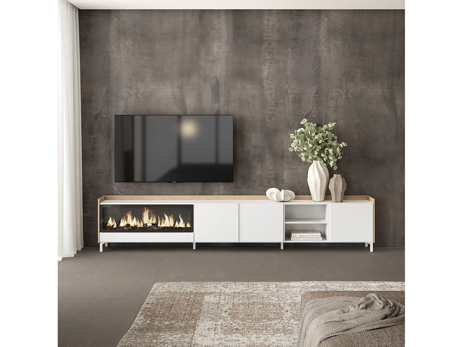 TV-Meubel, Lowboard, 315x61x35 cm, Voor tv's tot 80", Elektrische haard XXL, Industrieel design, Wit en Eiken soft