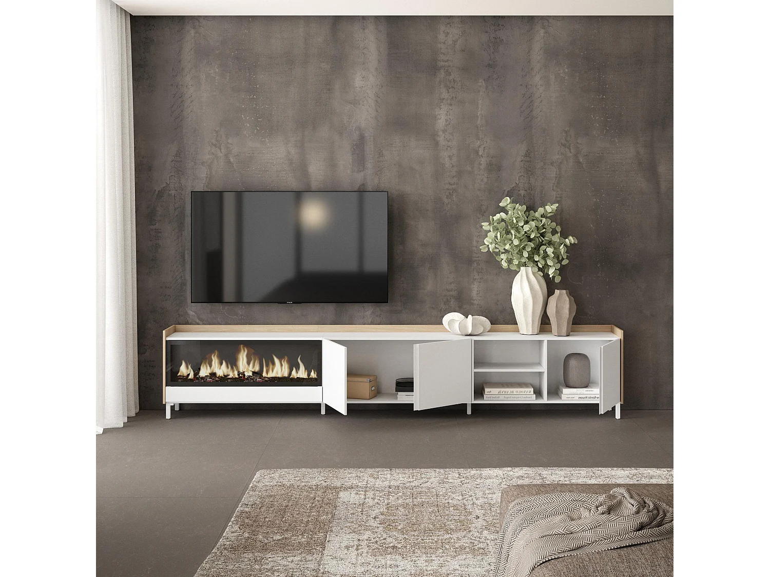 TV-Meubel, Lowboard, 315x61x35 cm, Voor tv's tot 80", Elektrische haard XXL, Industrieel design, Wit en Eiken soft