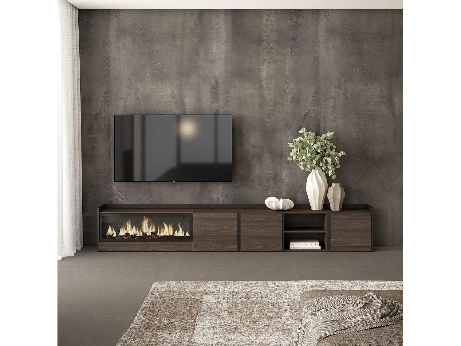 TV-Meubel, Lowboard, 315x50x35 cm, Voor tv's tot 80", Elektrische haard XXL, Donkere eik en Zwart