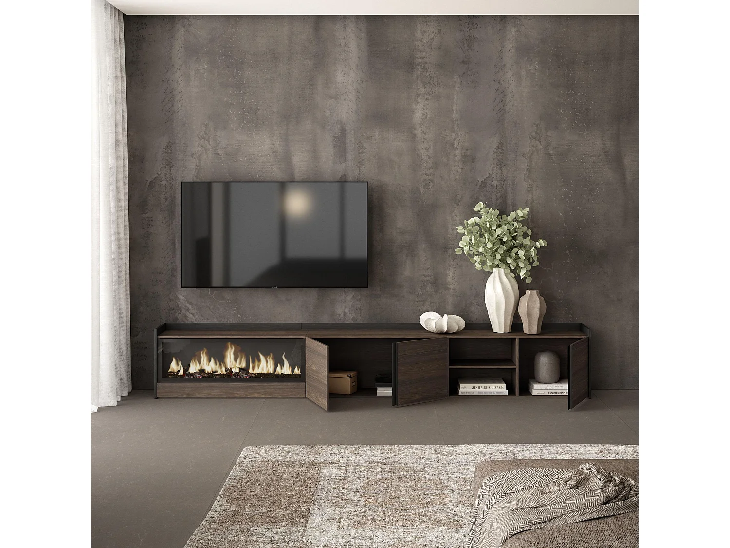 TV-Meubel, Lowboard, 315x50x35 cm, Voor tv's tot 80", Elektrische haard XXL, Donkere eik en Zwart