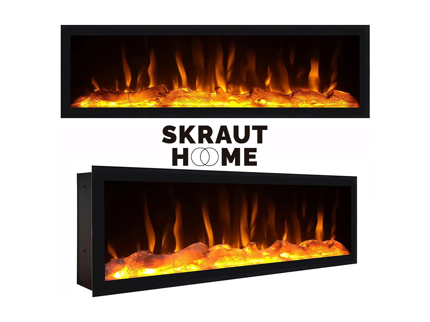 TV-Meubel, Lowboard, 315x50x35 cm, Voor tv's tot 80", Elektrische haard XXL, Donkere eik en Zwart