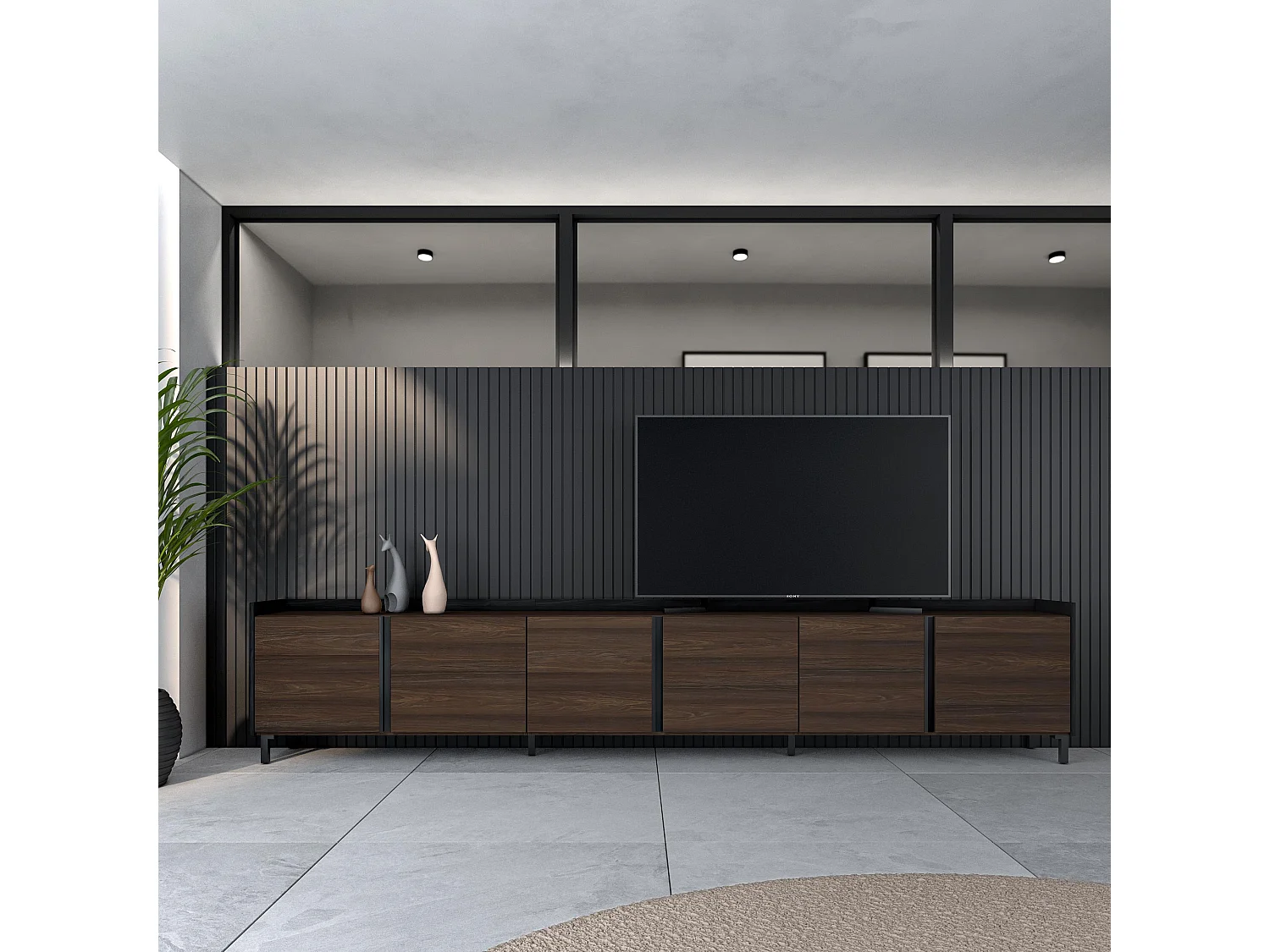 Meuble TV, Banc Télé, 309x61x35 cm, Pour les TV jusqu'à 80", Design industriel, Chêne foncé et Noir
