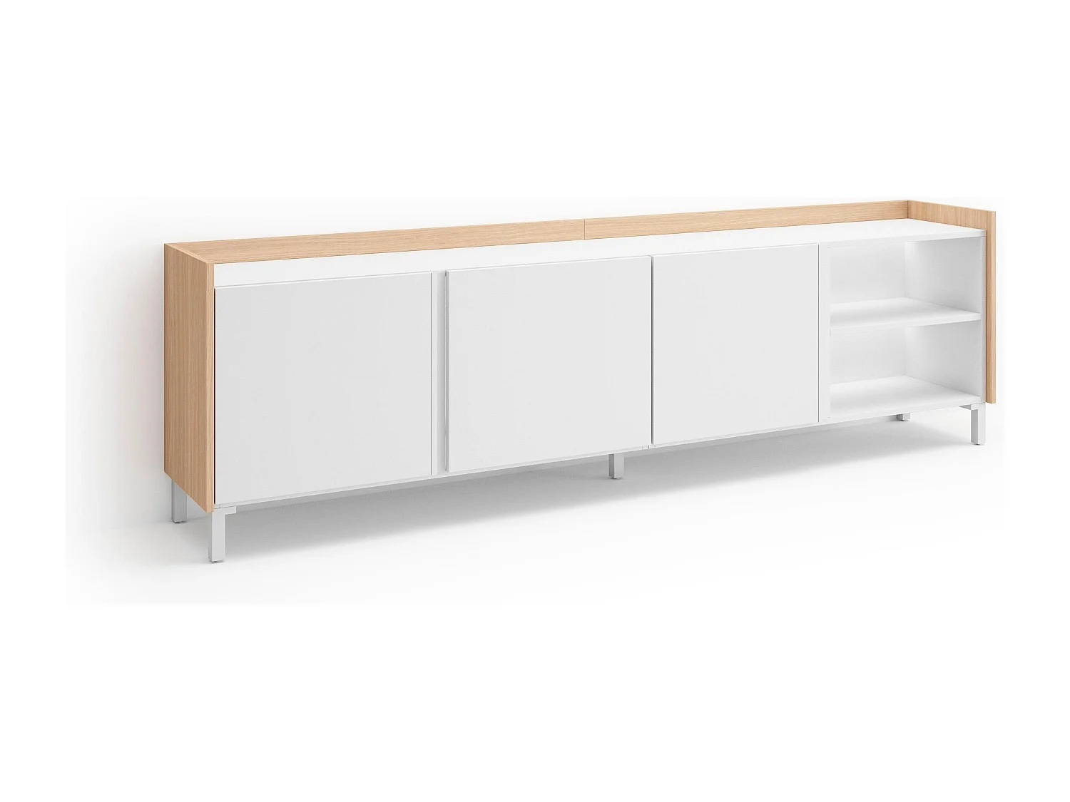 TV-Schrank, Lowboard, 207x61x35 cm, Für TV-Geräte bis zu 80", Industriedesign, LED, Weiß und Eiche Soft