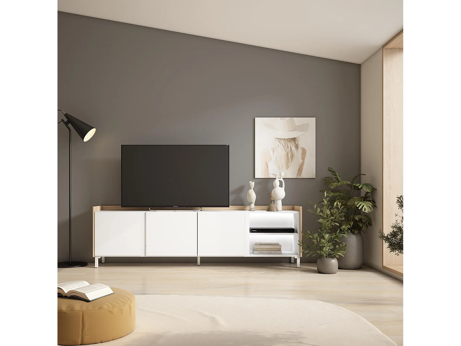 TV-Schrank, Lowboard, 207x61x35 cm, Für TV-Geräte bis zu 80", Industriedesign, LED, Weiß und Eiche Soft