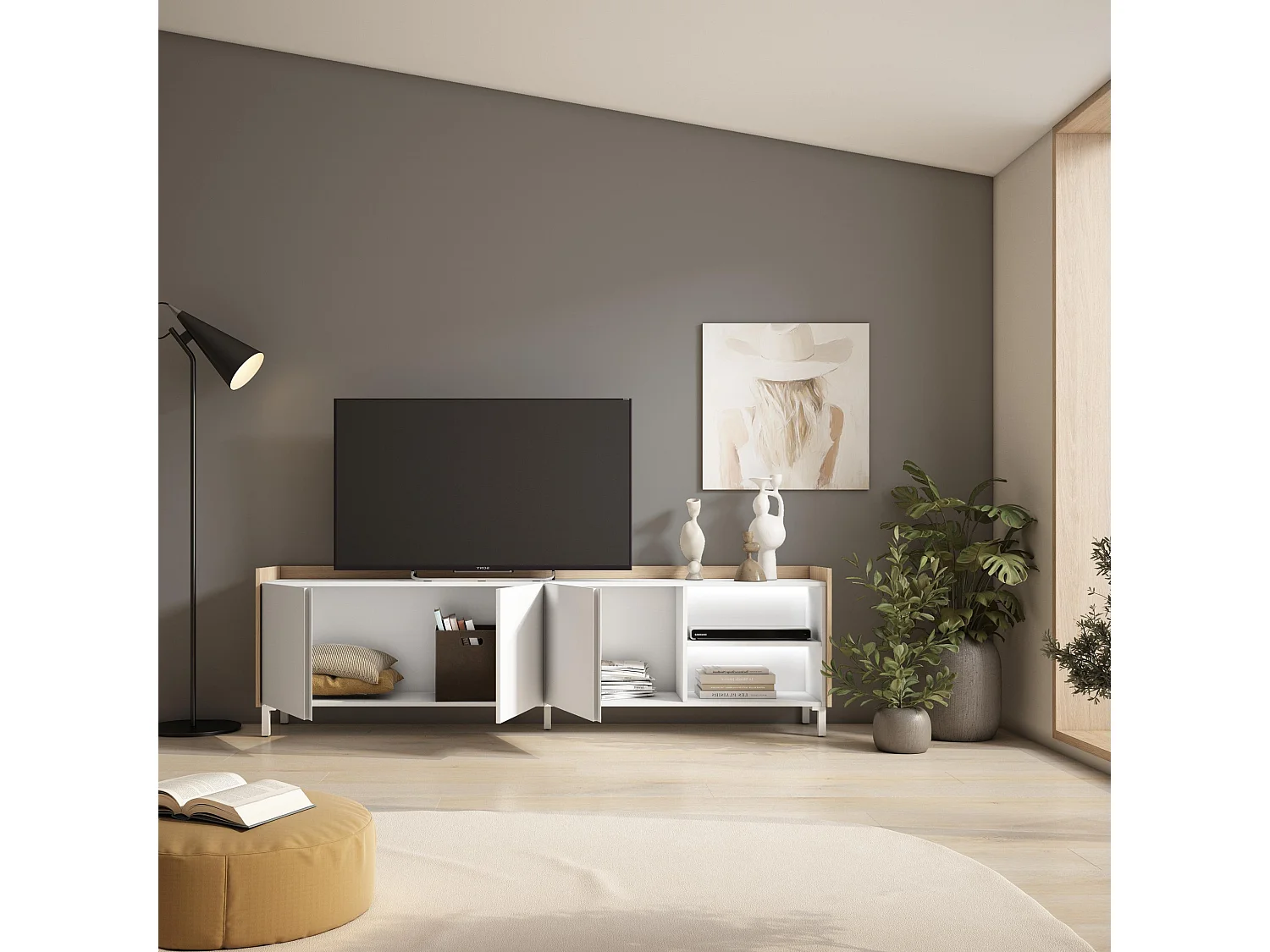 TV-Schrank, Lowboard, 207x61x35 cm, Für TV-Geräte bis zu 80", Industriedesign, LED, Weiß und Eiche Soft