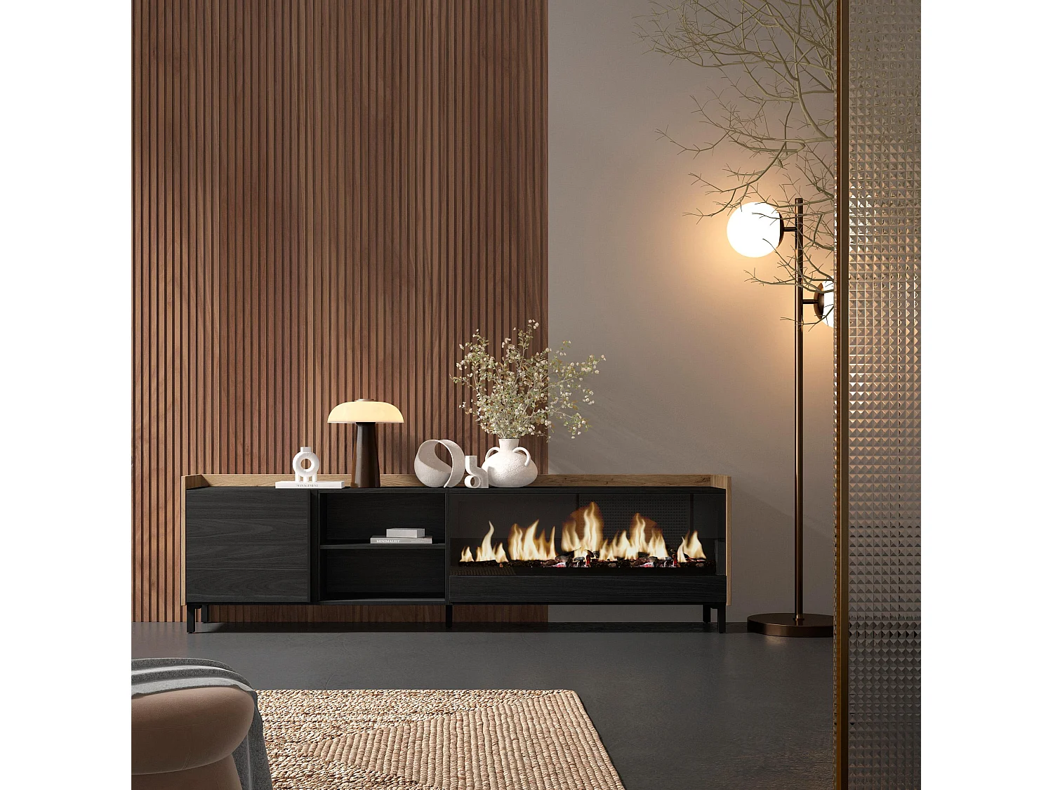 TV-Schrank, Lowboard, 212x61x35 cm, Für TV-Geräte bis zu 80", Elektrokamin XXL, Industriedesign, Schwarz Eiche