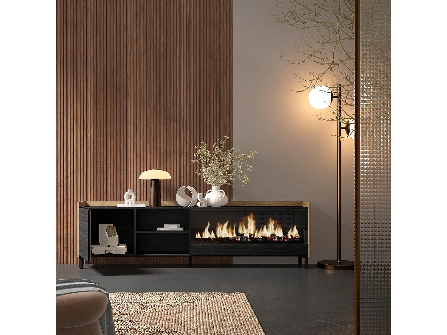 TV-Schrank, Lowboard, 212x61x35 cm, Für TV-Geräte bis zu 80", Elektrokamin XXL, Industriedesign, Schwarz Eiche