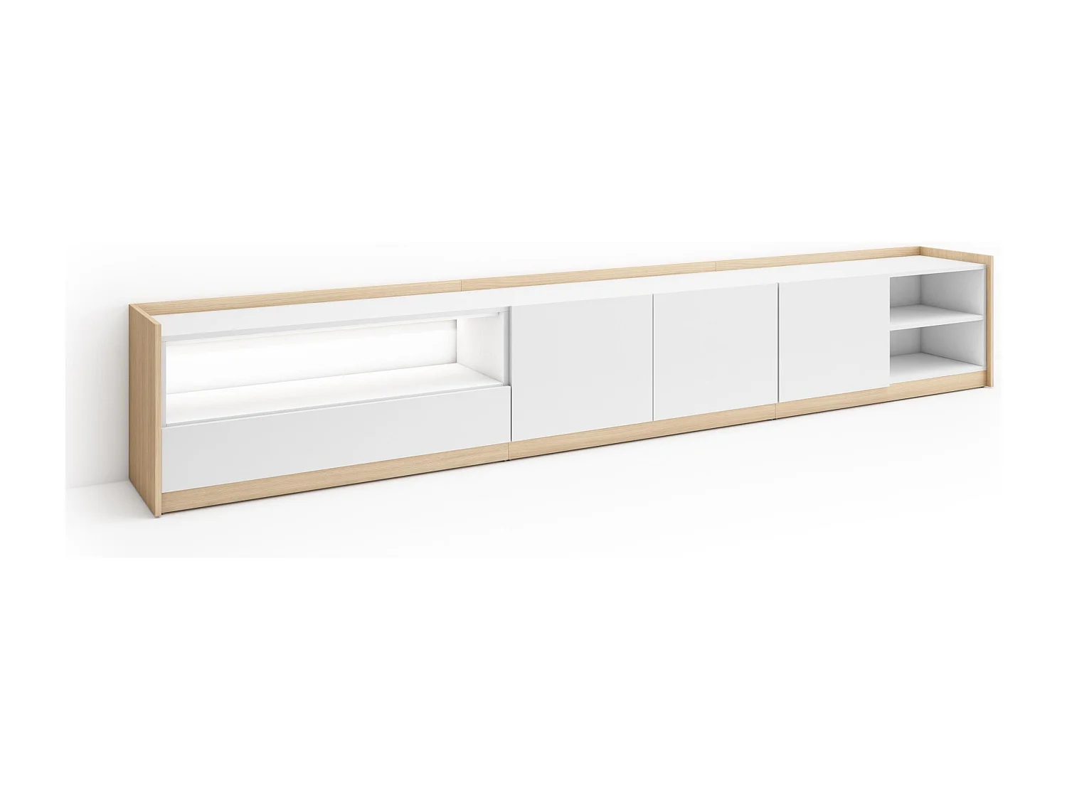 TV-Schrank, Lowboard, 310x50x37 cm, Für TV-Geräte bis zu 80", LED, Weiß und Eiche Soft