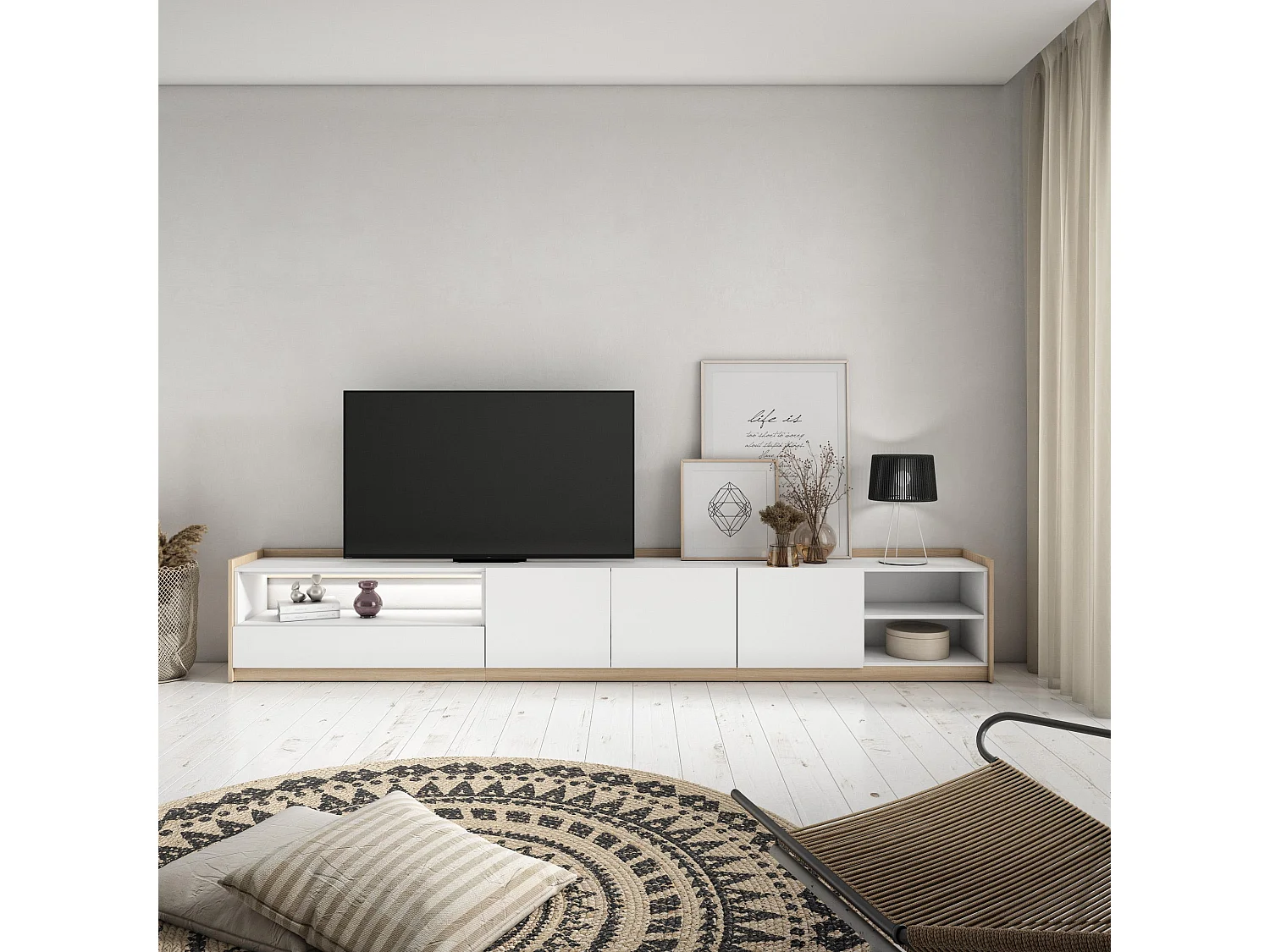 TV-Schrank, Lowboard, 310x50x37 cm, Für TV-Geräte bis zu 80", LED, Weiß und Eiche Soft