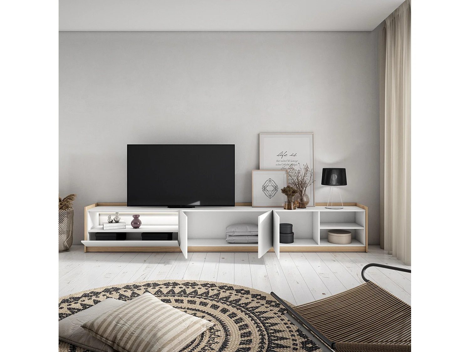 TV-Schrank, Lowboard, 310x50x37 cm, Für TV-Geräte bis zu 80", LED, Weiß und Eiche Soft