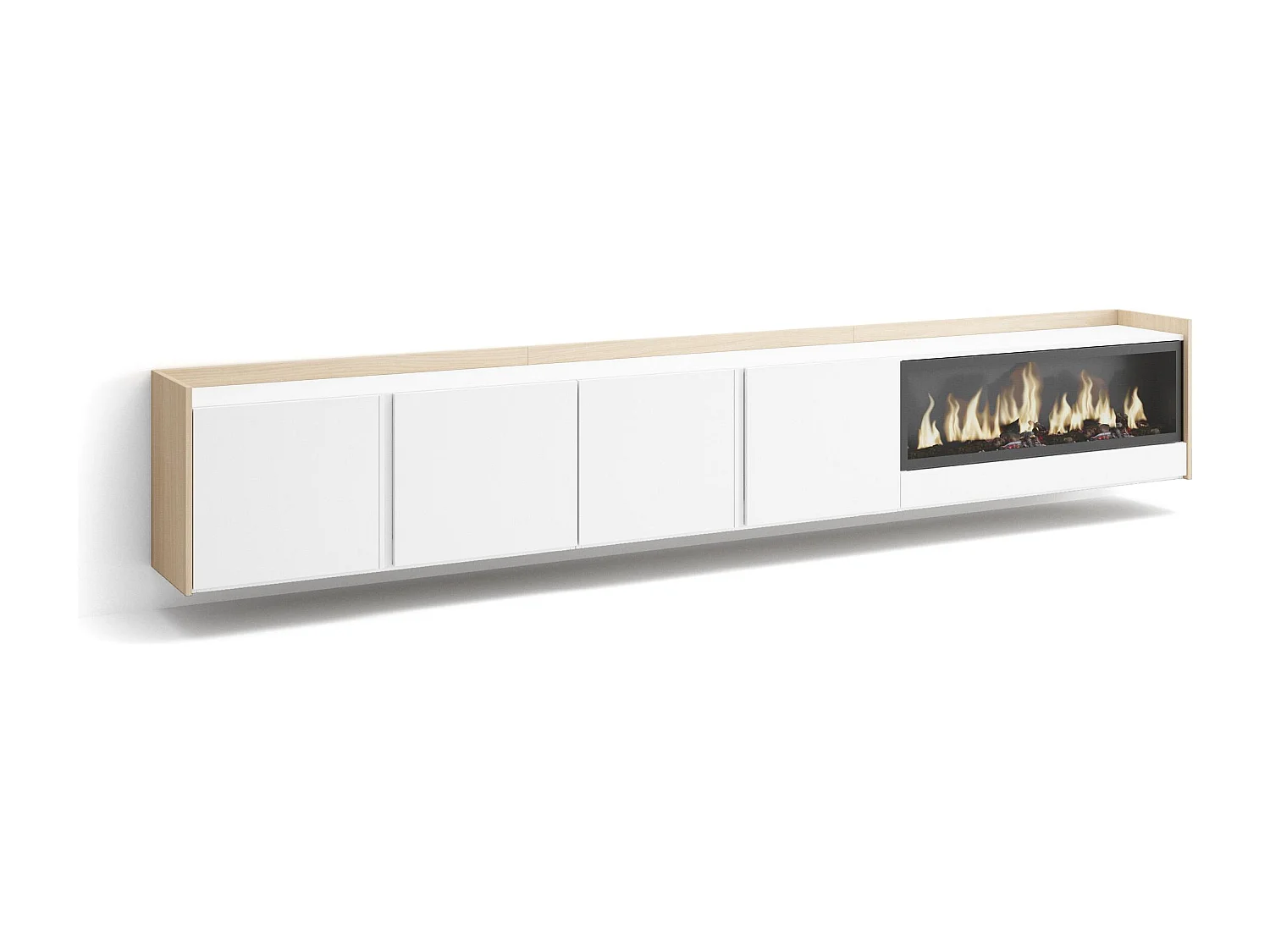 Meuble TV, Banc Télé, 315x50x35 cm, Pour les TV jusqu'à 80", Cheminée électrique XXL, Suspendu, Mural, Blanc et Chêne Soft