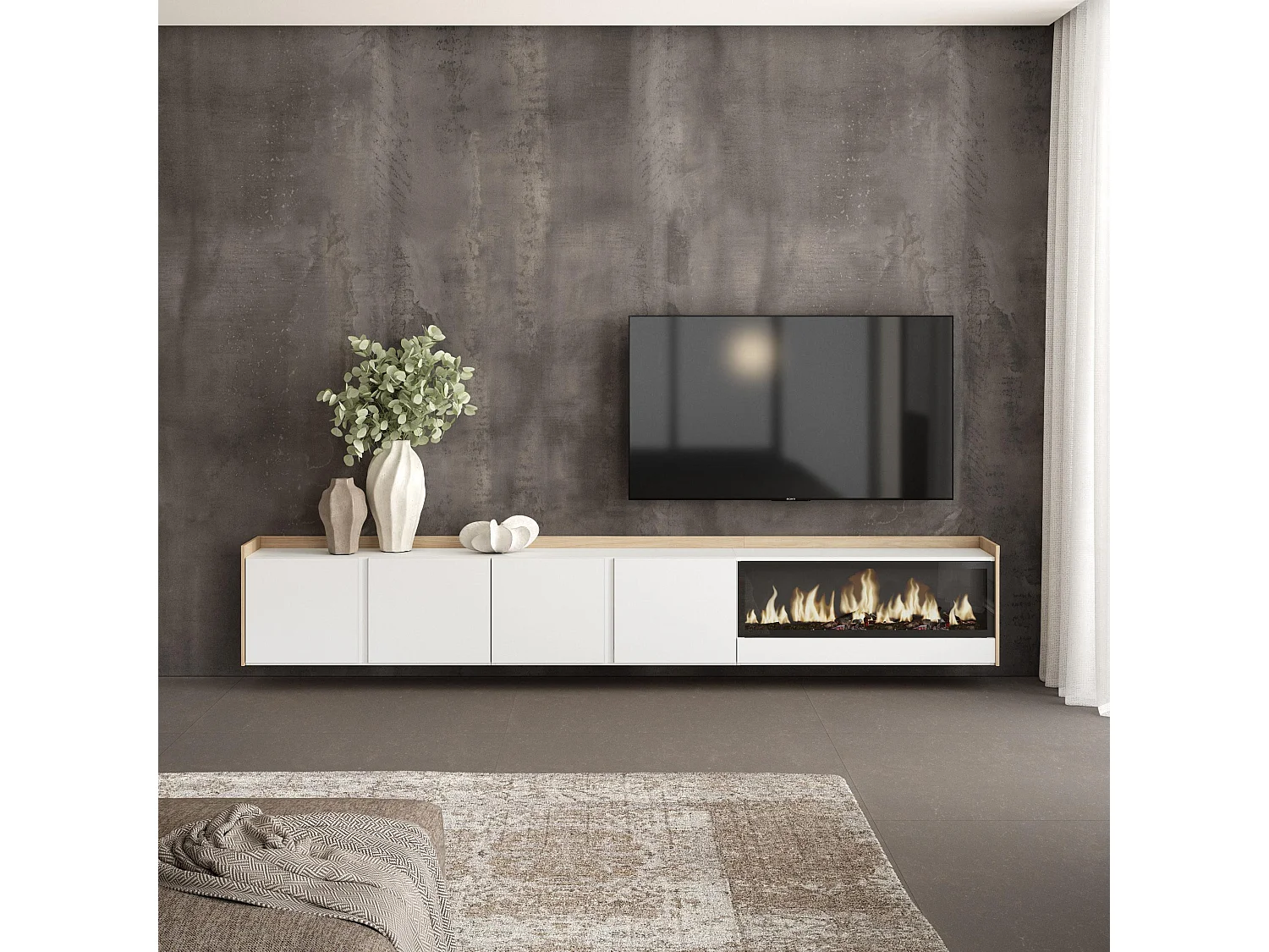 Meuble TV, Banc Télé, 315x50x35 cm, Pour les TV jusqu'à 80", Cheminée électrique XXL, Suspendu, Mural, Blanc et Chêne Soft