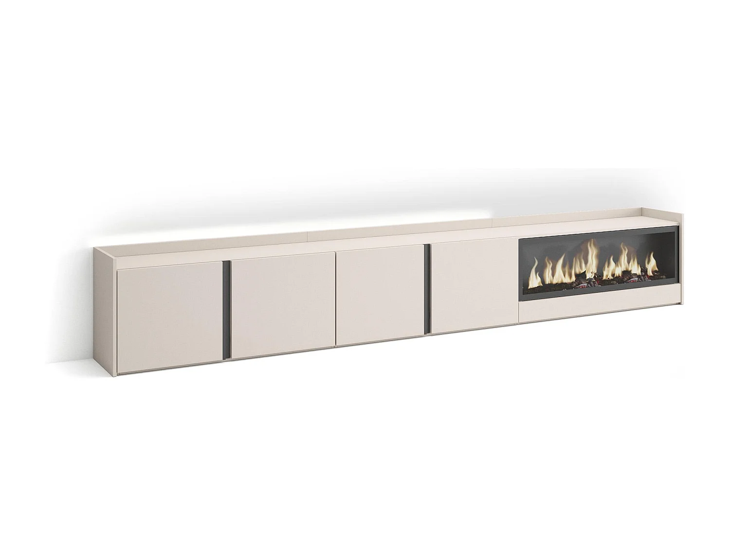 TV-Meubel, Lowboard, 315x50x35 cm, Voor tv's tot 80", Elektrische haard XXL, LED, Beige