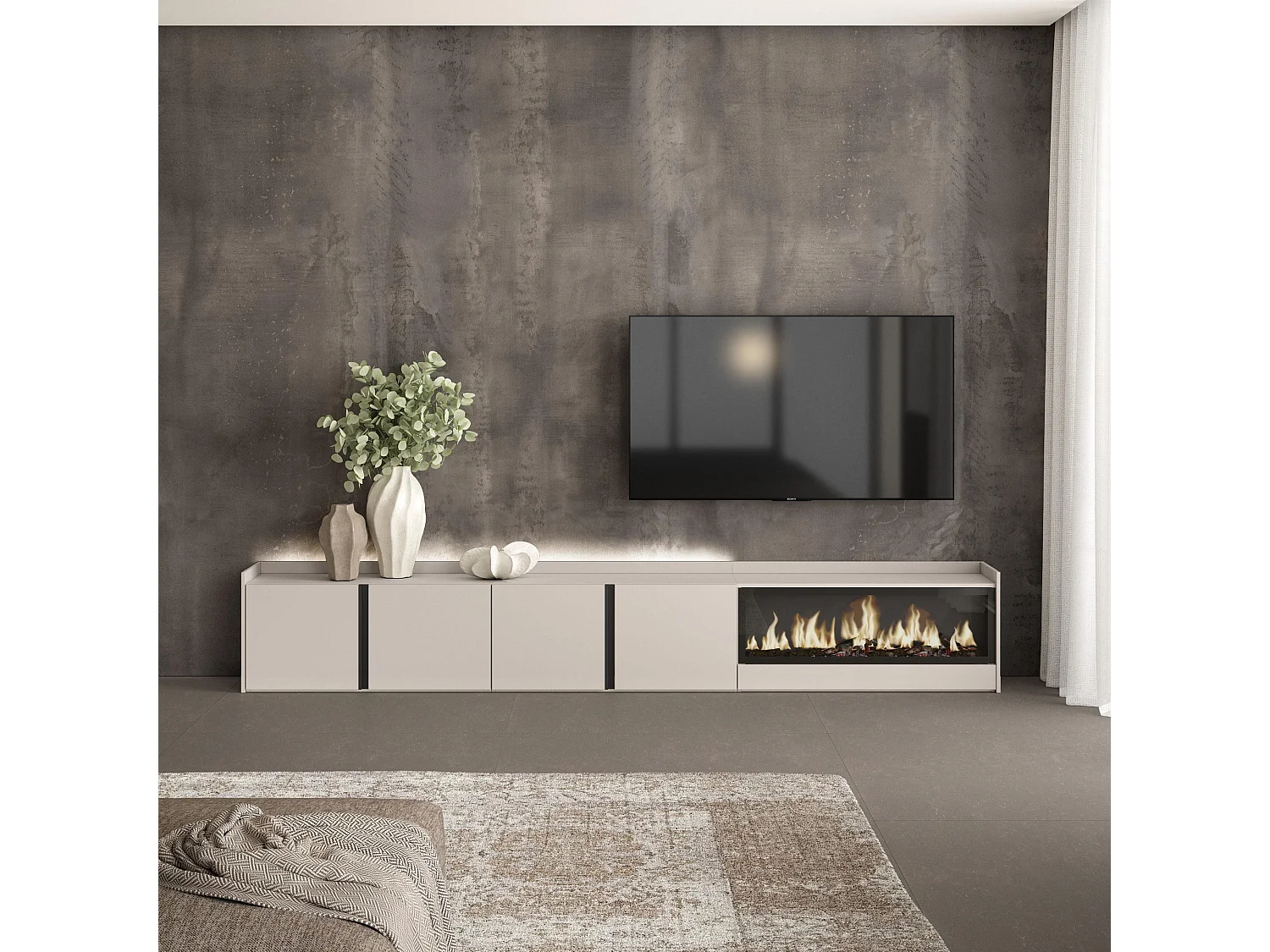 TV-Meubel, Lowboard, 315x50x35 cm, Voor tv's tot 80", Elektrische haard XXL, LED, Beige