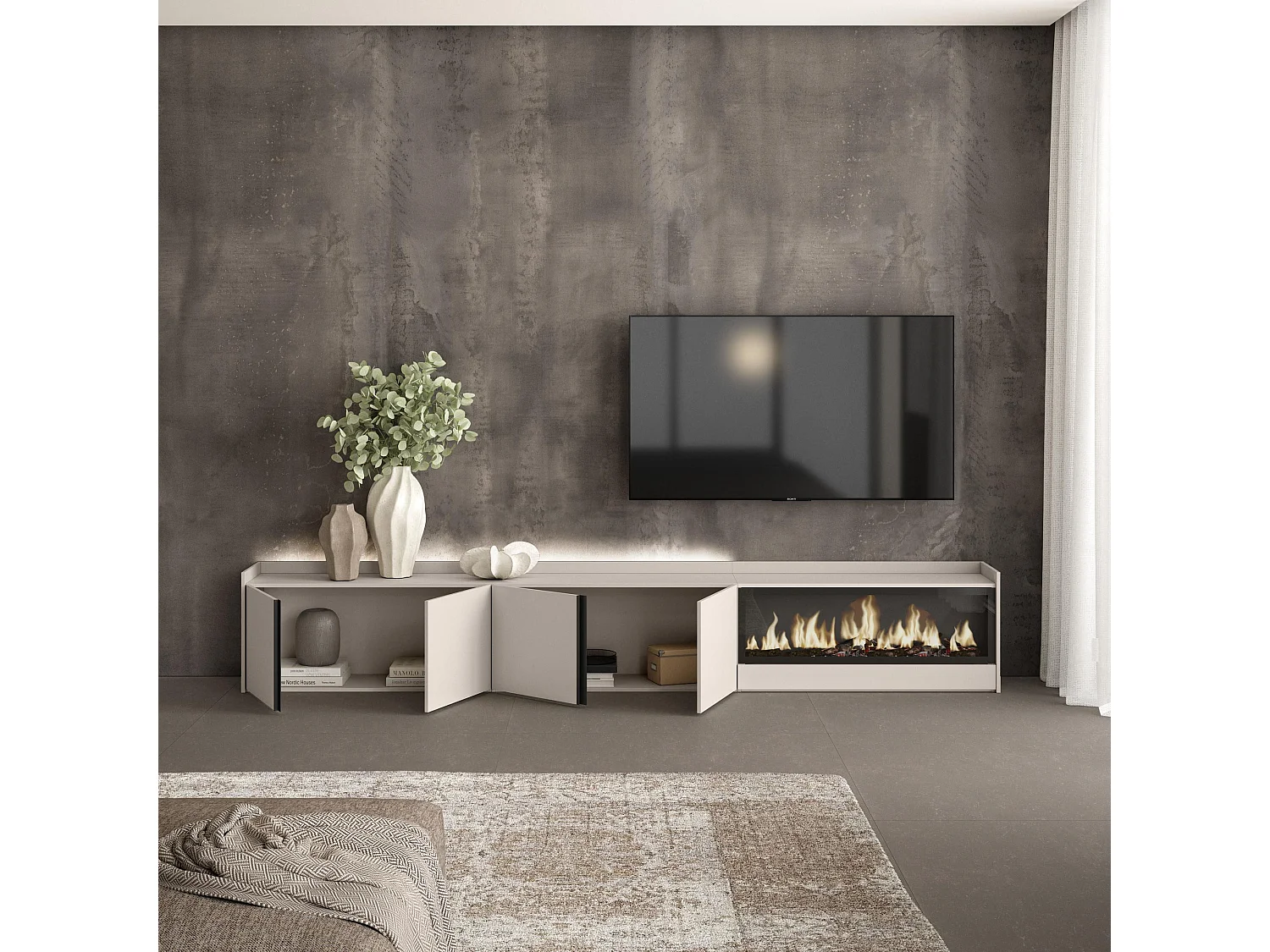 TV-Meubel, Lowboard, 315x50x35 cm, Voor tv's tot 80", Elektrische haard XXL, LED, Beige