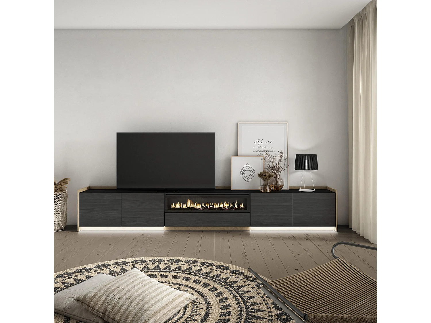 TV-Meubel, Lowboard, 310x50x37 cm, Voor tv's tot 80", Elektrische haard, LED, Zwart/Eiken