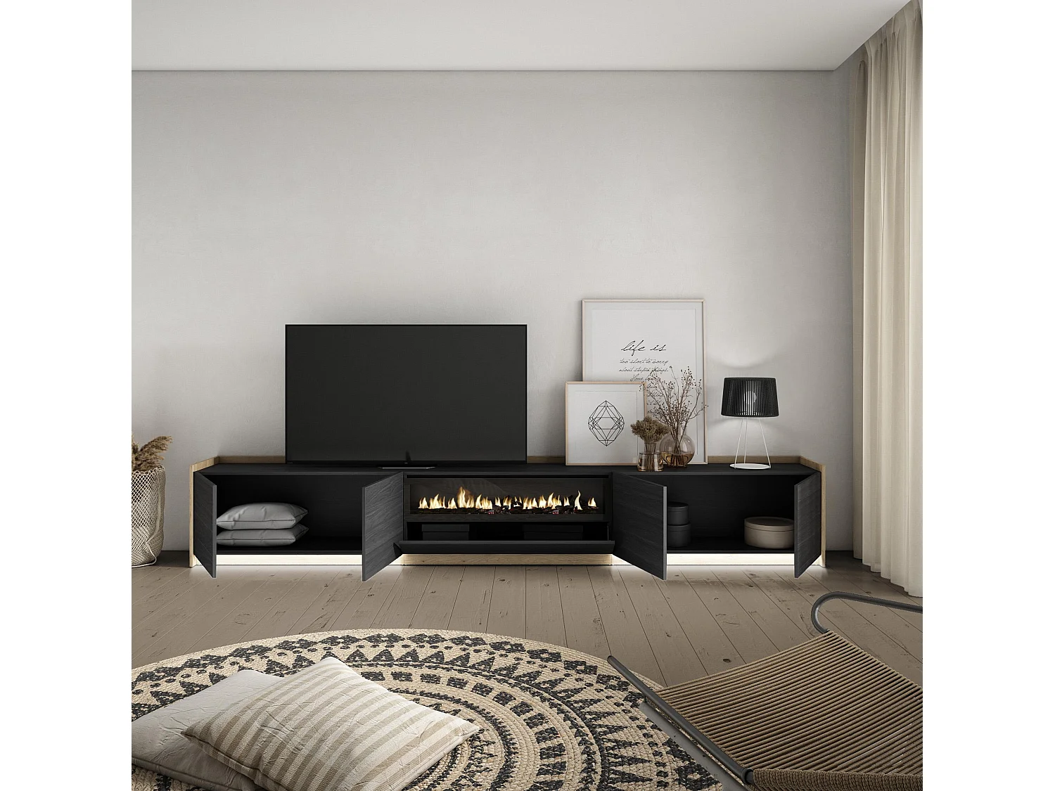 TV-Meubel, Lowboard, 310x50x37 cm, Voor tv's tot 80", Elektrische haard, LED, Zwart/Eiken