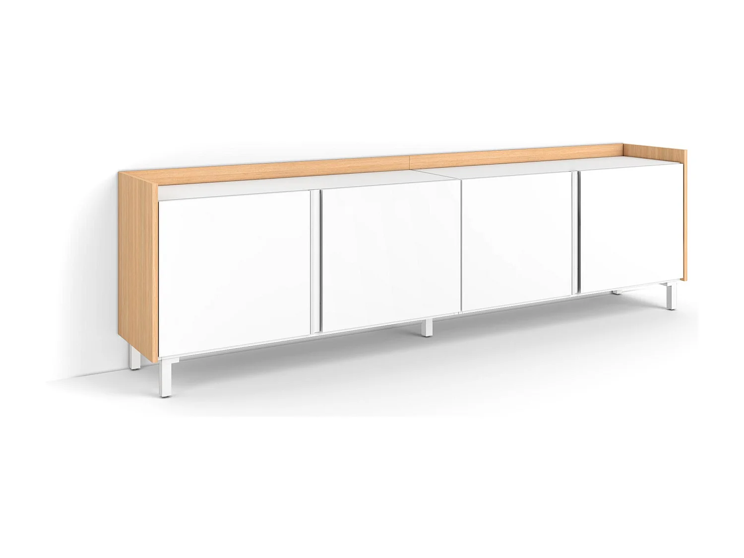 Mueble TV, Televisión, 207x61x35 cm, Para TV hasta 80", Diseño industrial, Blanco y roble soft