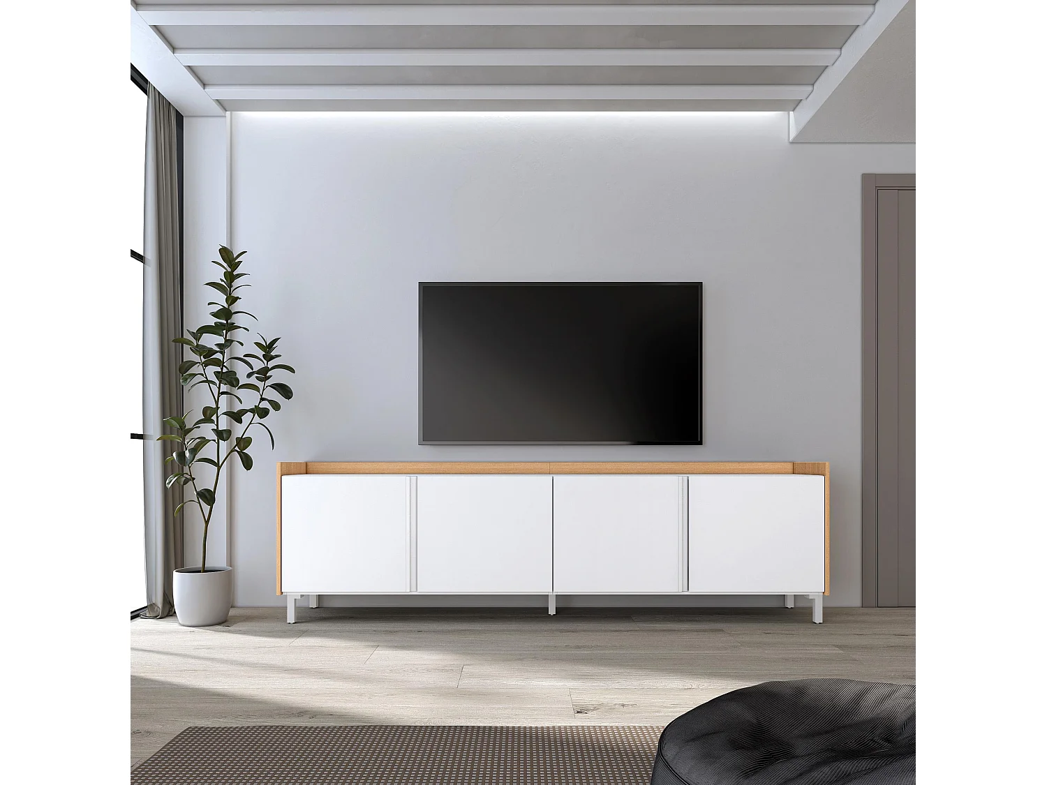Mueble TV, Televisión, 207x61x35 cm, Para TV hasta 80", Diseño industrial, Blanco y roble soft