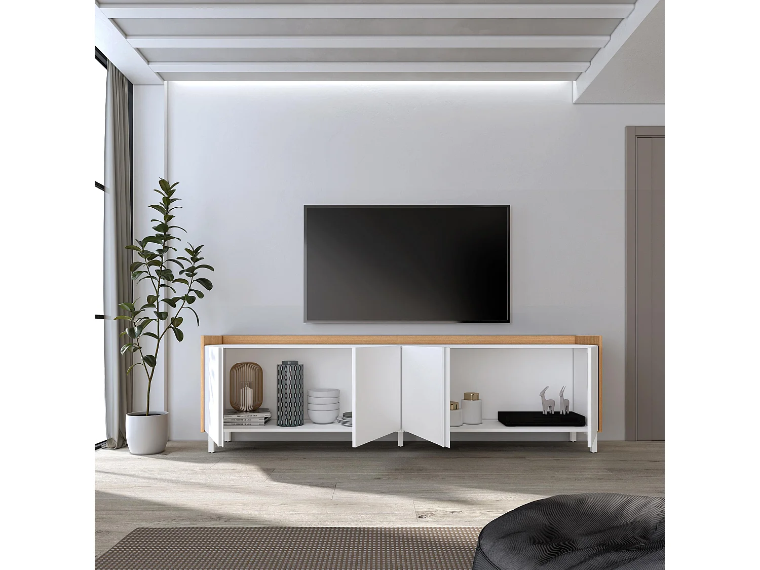Mueble TV, Televisión, 207x61x35 cm, Para TV hasta 80", Diseño industrial, Blanco y roble soft