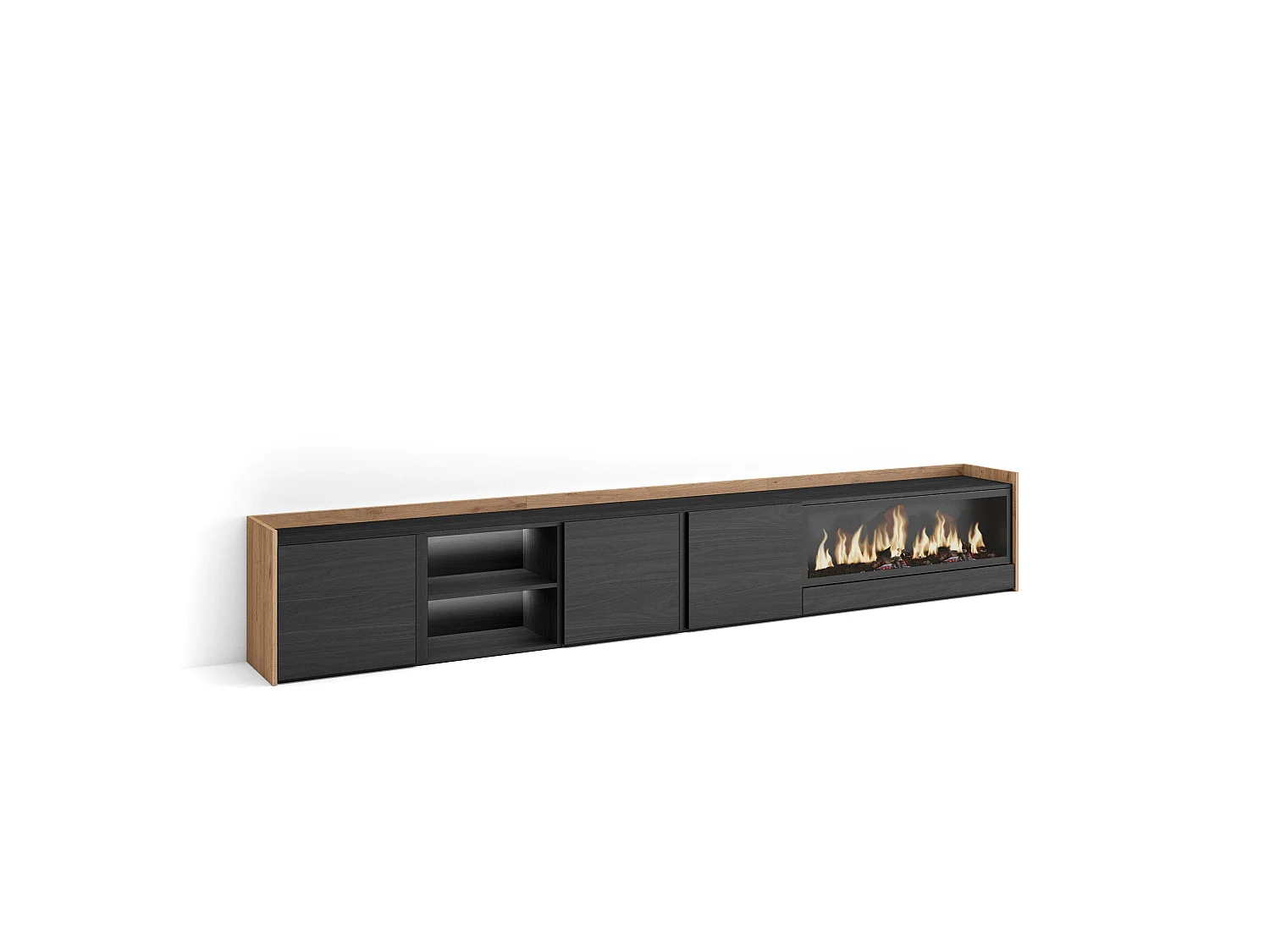TV-Meubel, Lowboard, 315x50x35 cm, Voor tv's tot 80", Elektrische haard XXL, LED, Zwart/Eiken