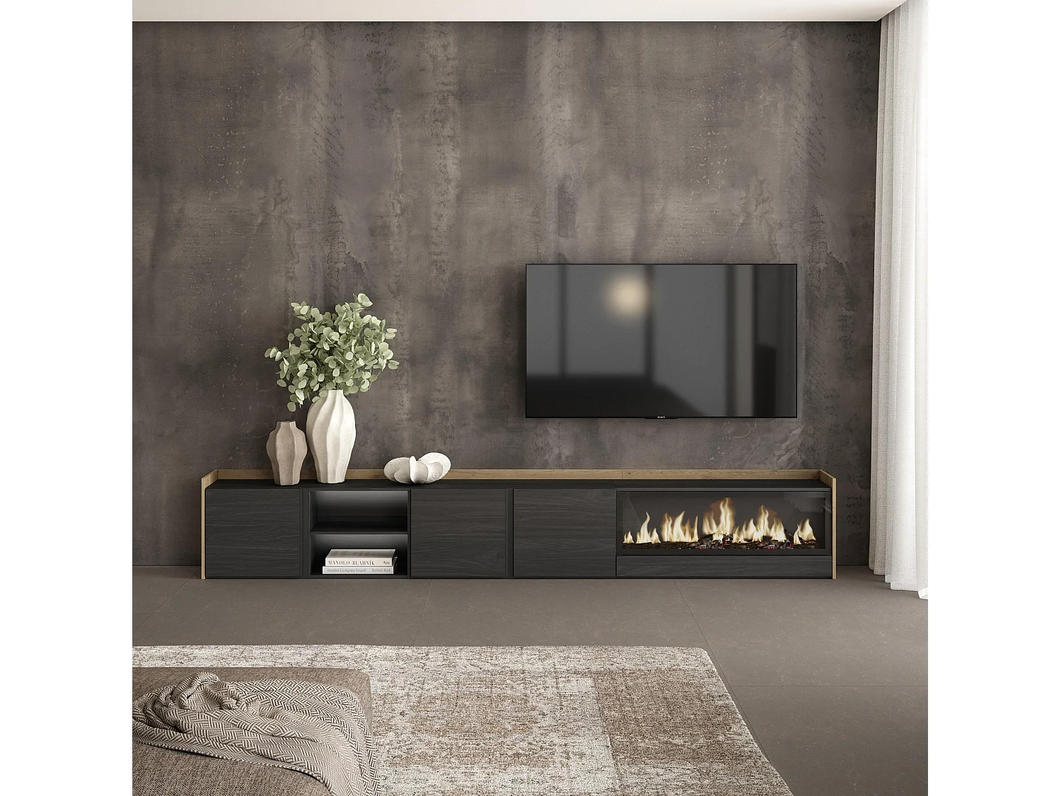 TV-Meubel, Lowboard, 315x50x35 cm, Voor tv's tot 80", Elektrische haard XXL, LED, Zwart/Eiken