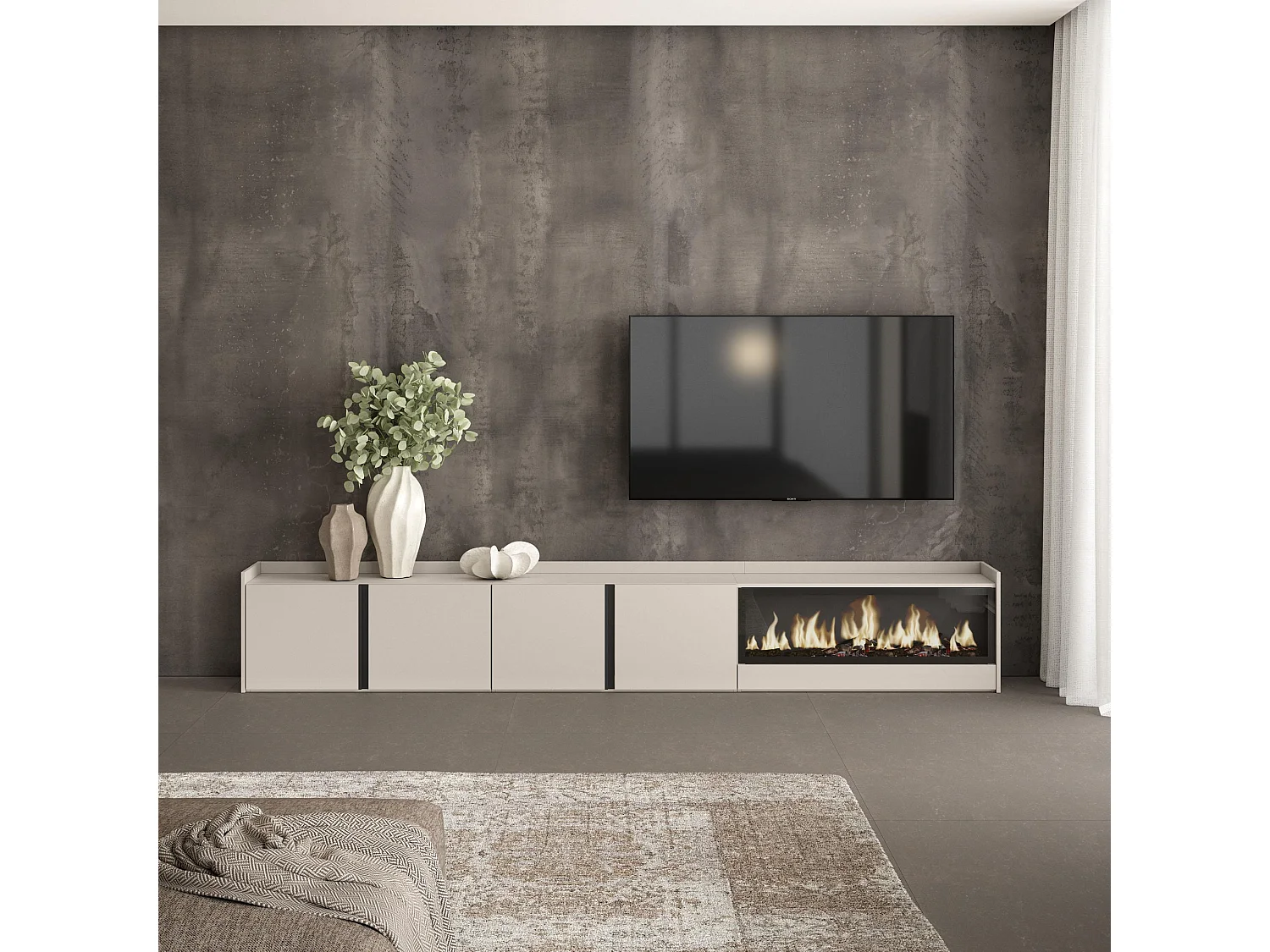 Móvel de TV, 315x50x35 cm, Para televisores até 80", Lareira eléctrica XXL, Bege