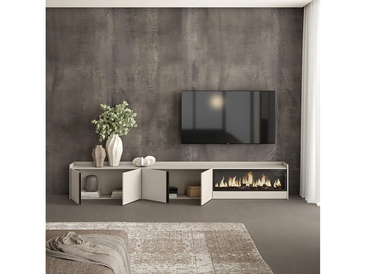 Móvel de TV, 315x50x35 cm, Para televisores até 80", Lareira eléctrica XXL, Bege