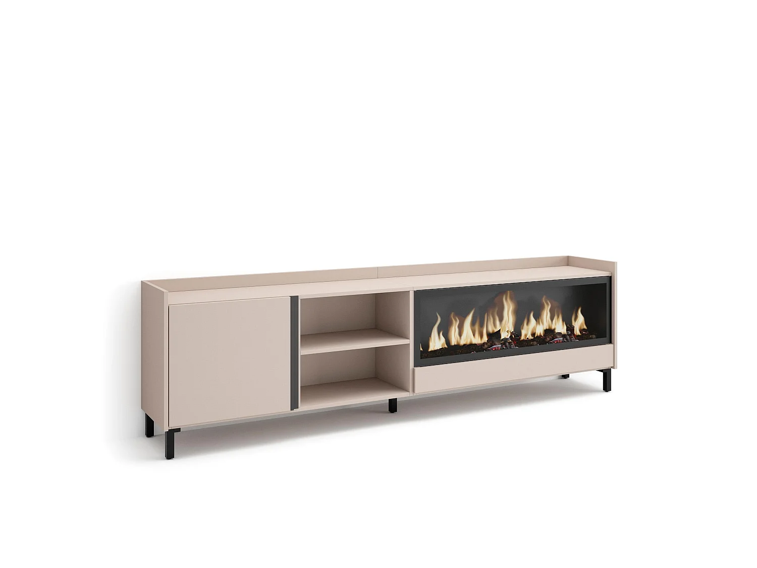 TV-Meubel, Lowboard, 212x61x35 cm, Voor tv's tot 80", Elektrische haard XXL, Industrieel design, Beige