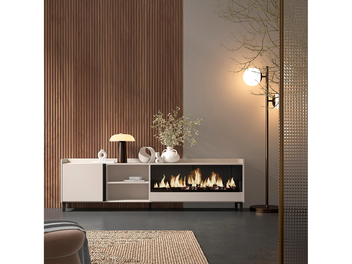 TV-Meubel, Lowboard, 212x61x35 cm, Voor tv's tot 80", Elektrische haard XXL, Industrieel design, Beige