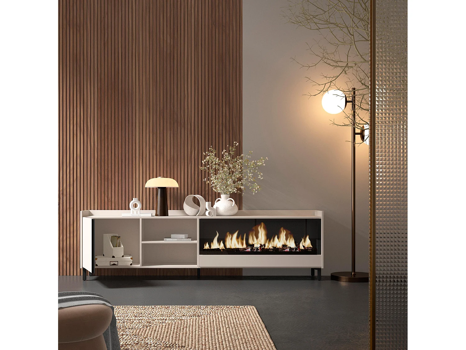 TV-Meubel, Lowboard, 212x61x35 cm, Voor tv's tot 80", Elektrische haard XXL, Industrieel design, Beige