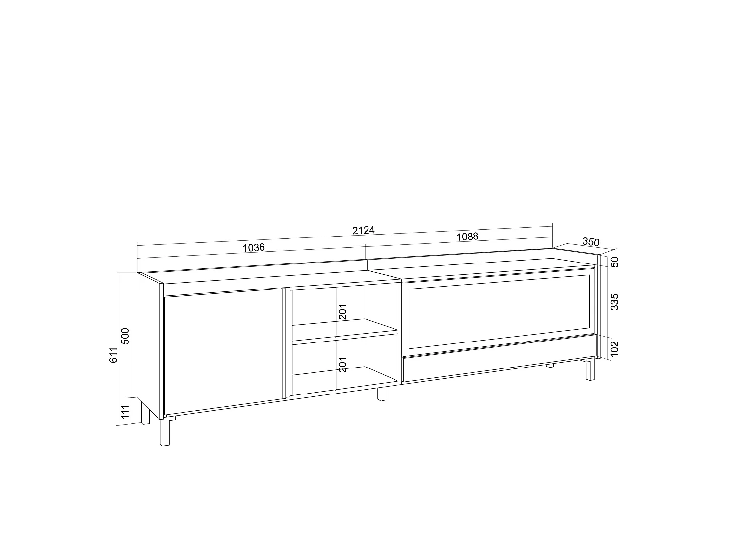 TV-Meubel, Lowboard, 212x61x35 cm, Voor tv's tot 80", Elektrische haard XXL, Industrieel design, Beige