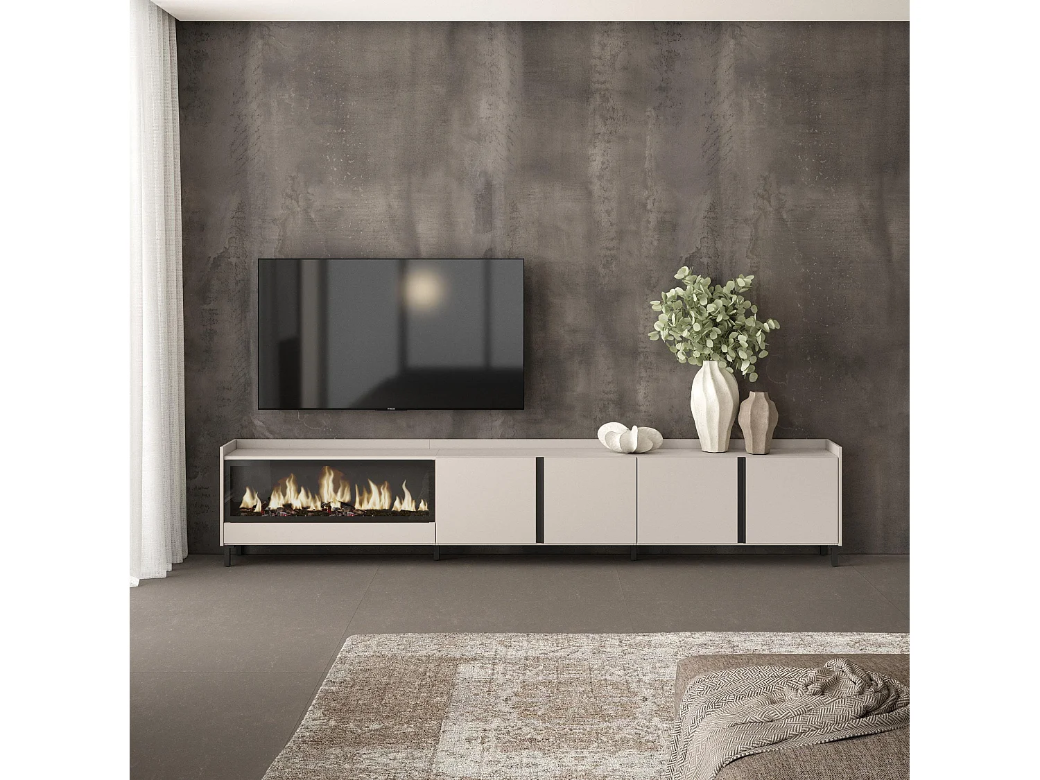 TV-Schrank, Lowboard, 315x61x35 cm, Für TV-Geräte bis zu 80", Elektrokamin XXL, Industriedesign, Beige