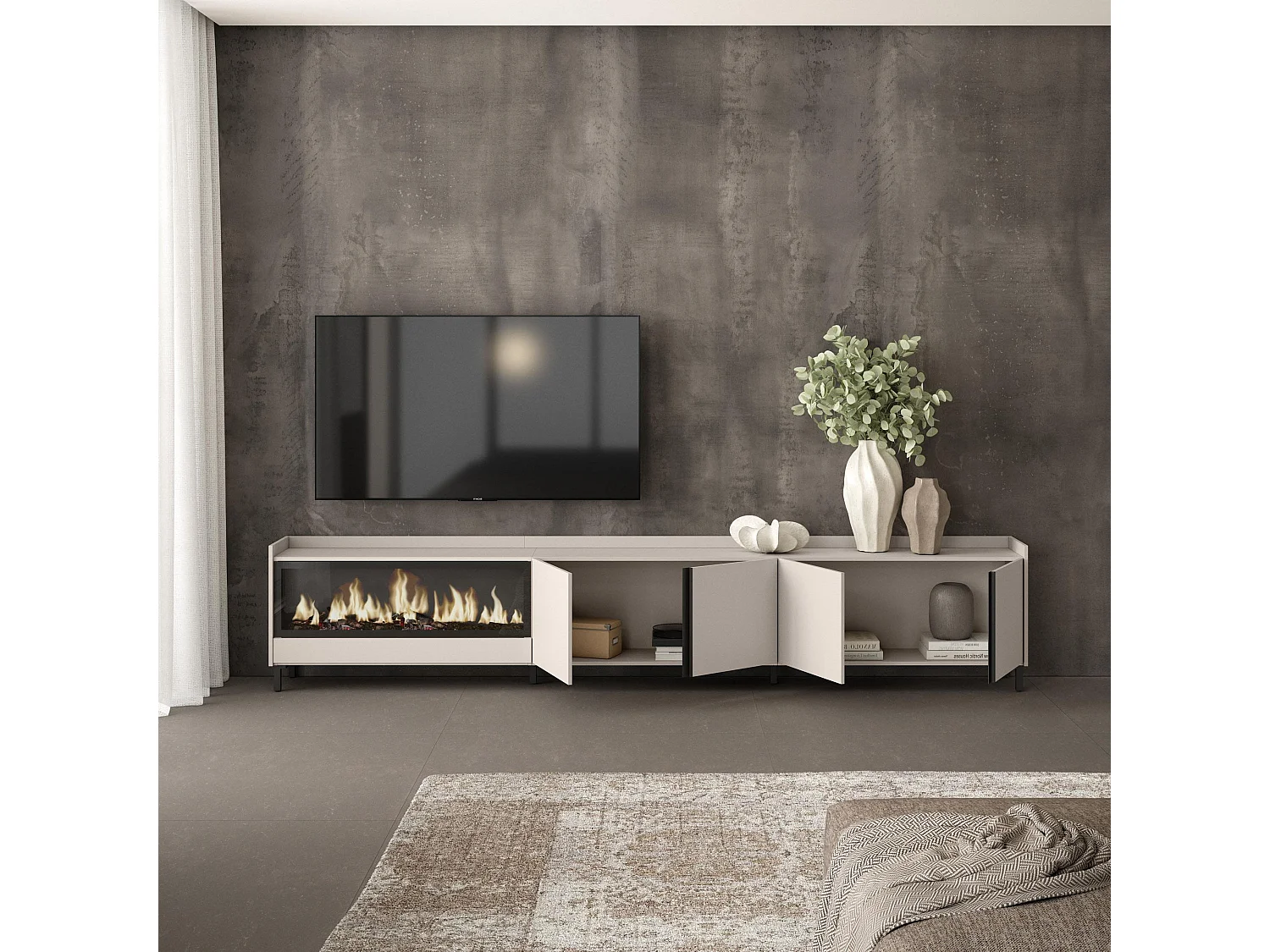 TV-Schrank, Lowboard, 315x61x35 cm, Für TV-Geräte bis zu 80", Elektrokamin XXL, Industriedesign, Beige