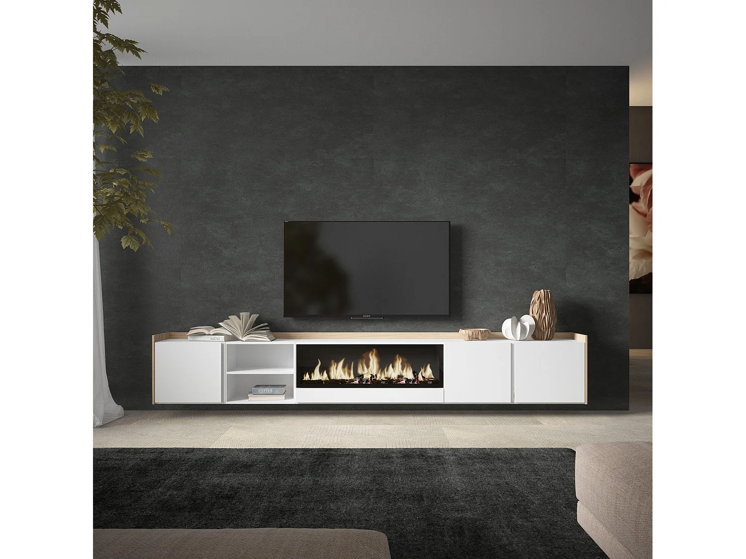 TV-Schrank, Lowboard, 315x50x35 cm, Für TV-Geräte bis zu 80", Elektrokamin XXL, Hängend, Weiß und Eiche Soft