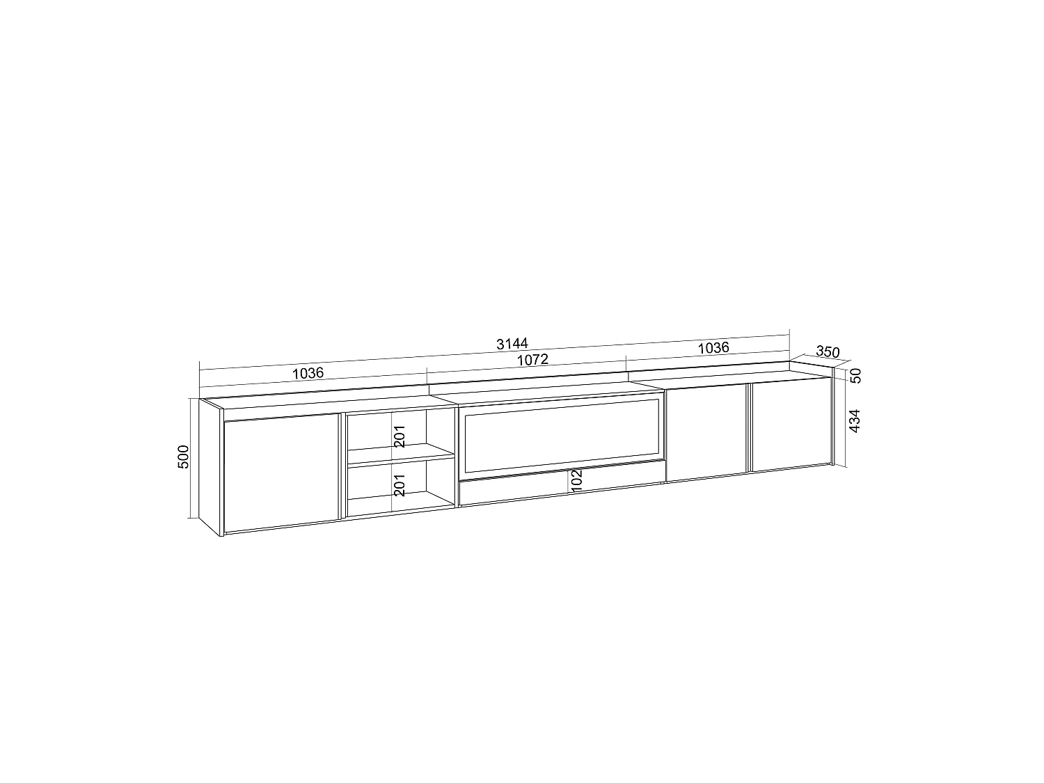 TV-Schrank, Lowboard, 315x50x35 cm, Für TV-Geräte bis zu 80", Elektrokamin XXL, Hängend, Weiß und Eiche Soft