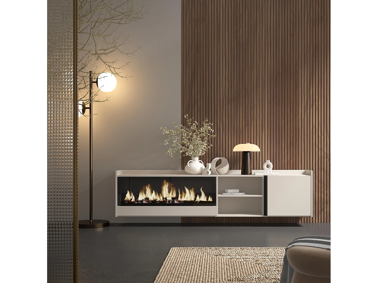 Móvel de TV, 212x50x35 cm, Para televisores até 80", Lareira eléctrica XXL, Suspensos, Bege