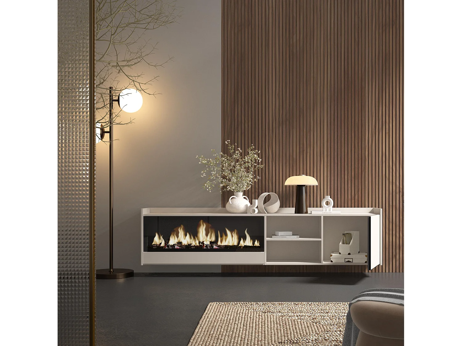 Móvel de TV, 212x50x35 cm, Para televisores até 80", Lareira eléctrica XXL, Suspensos, Bege