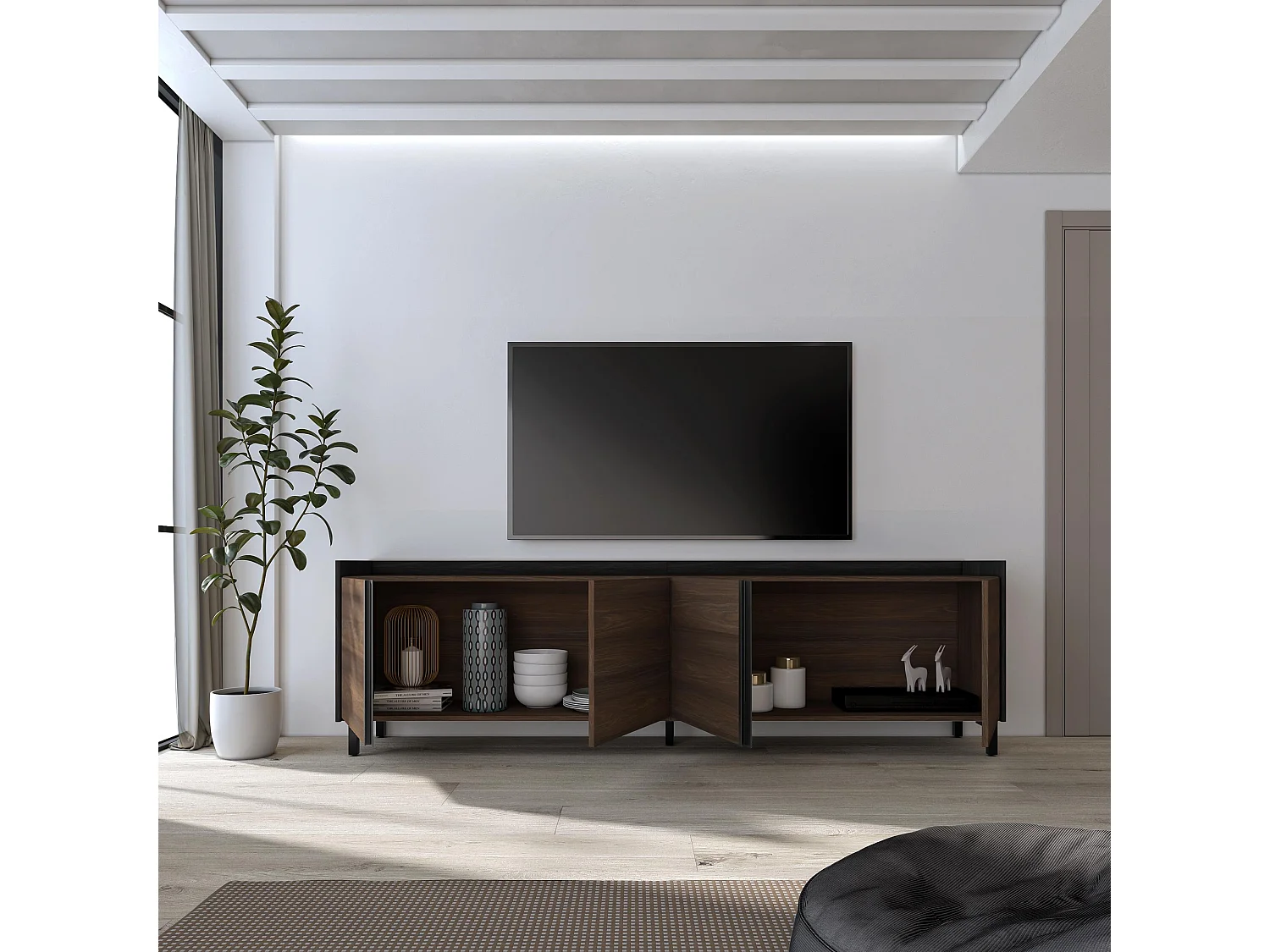 Mueble TV, Televisión, 207x61x35 cm, Para TV hasta 80", Diseño industrial, Roble oscuro y Negro
