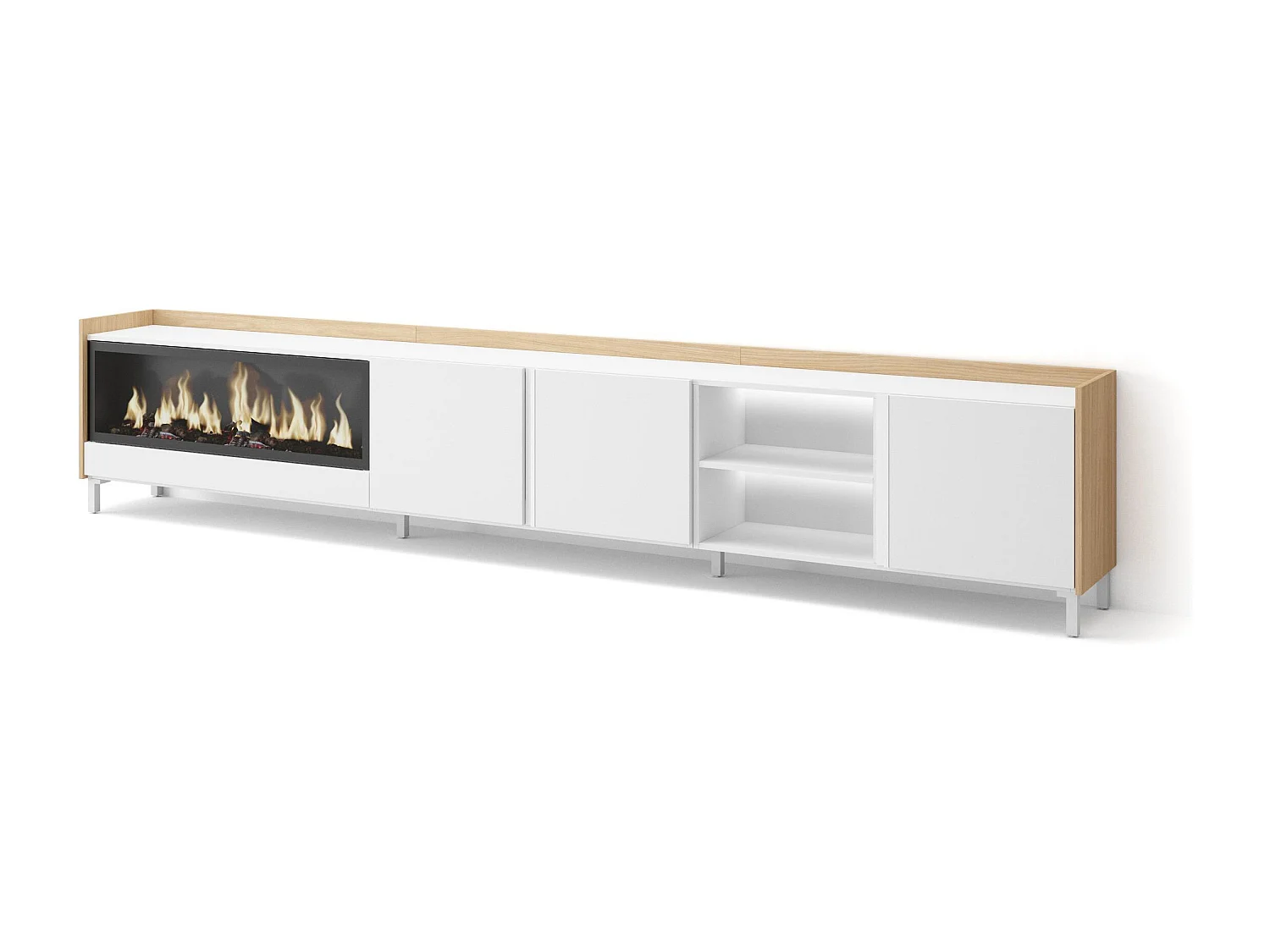 TV-Schrank, Lowboard, 315x61x35 cm, Für TV-Geräte bis zu 80", Elektrokamin XXL, Industriedesign, LED, Weiß und Eiche Soft