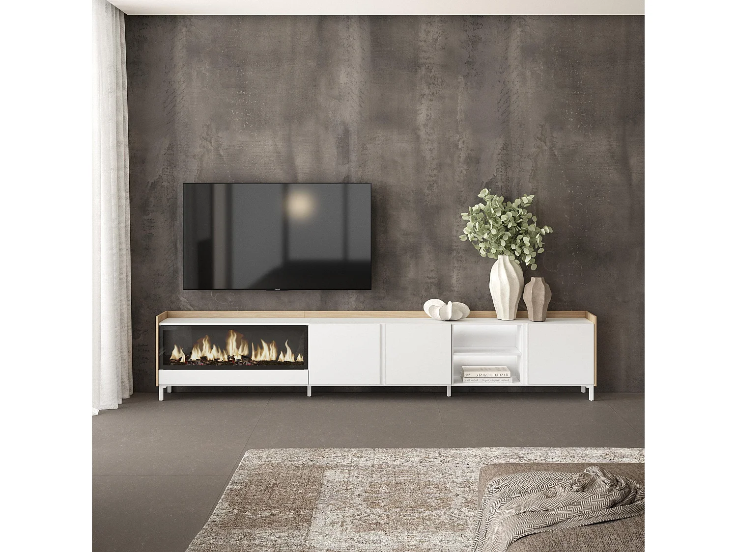 TV-Schrank, Lowboard, 315x61x35 cm, Für TV-Geräte bis zu 80", Elektrokamin XXL, Industriedesign, LED, Weiß und Eiche Soft