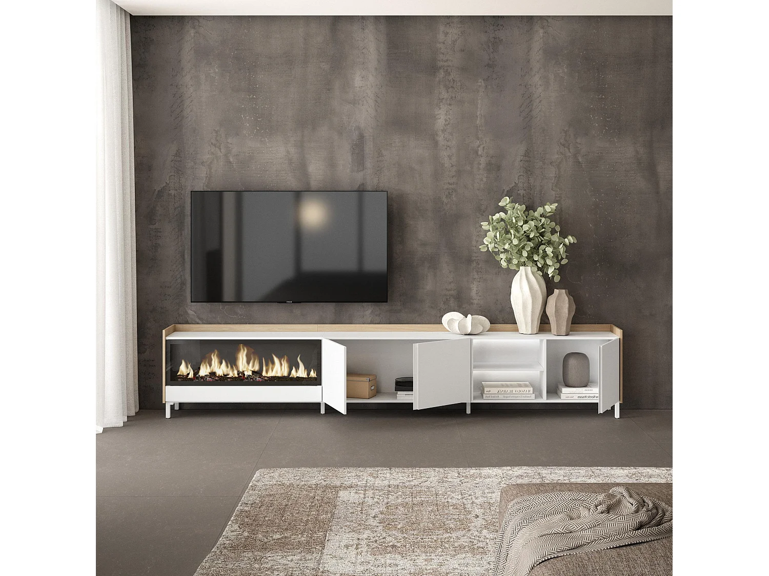 TV-Schrank, Lowboard, 315x61x35 cm, Für TV-Geräte bis zu 80", Elektrokamin XXL, Industriedesign, LED, Weiß und Eiche Soft