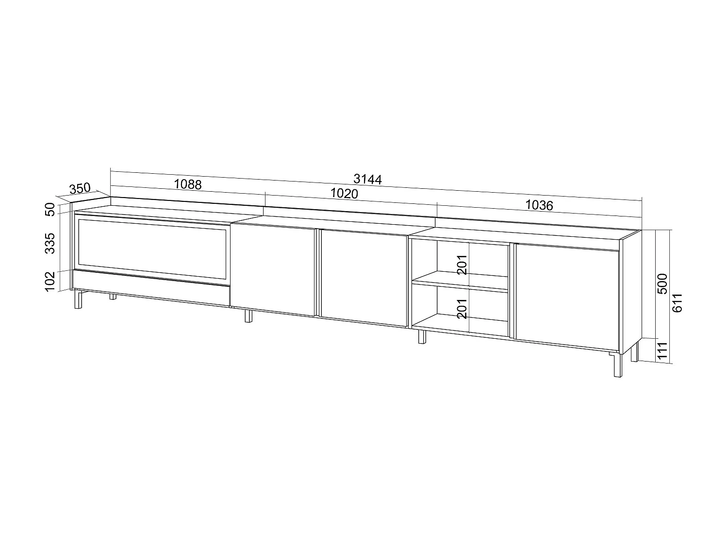 TV-Schrank, Lowboard, 315x61x35 cm, Für TV-Geräte bis zu 80", Elektrokamin XXL, Industriedesign, LED, Weiß und Eiche Soft