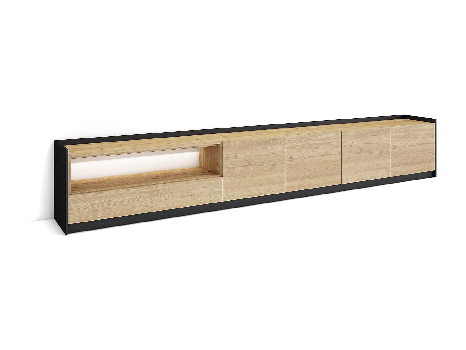 TV-Schrank, Lowboard, 310x50x37 cm, Für TV-Geräte bis zu 80", LED, Eiche Schwarz