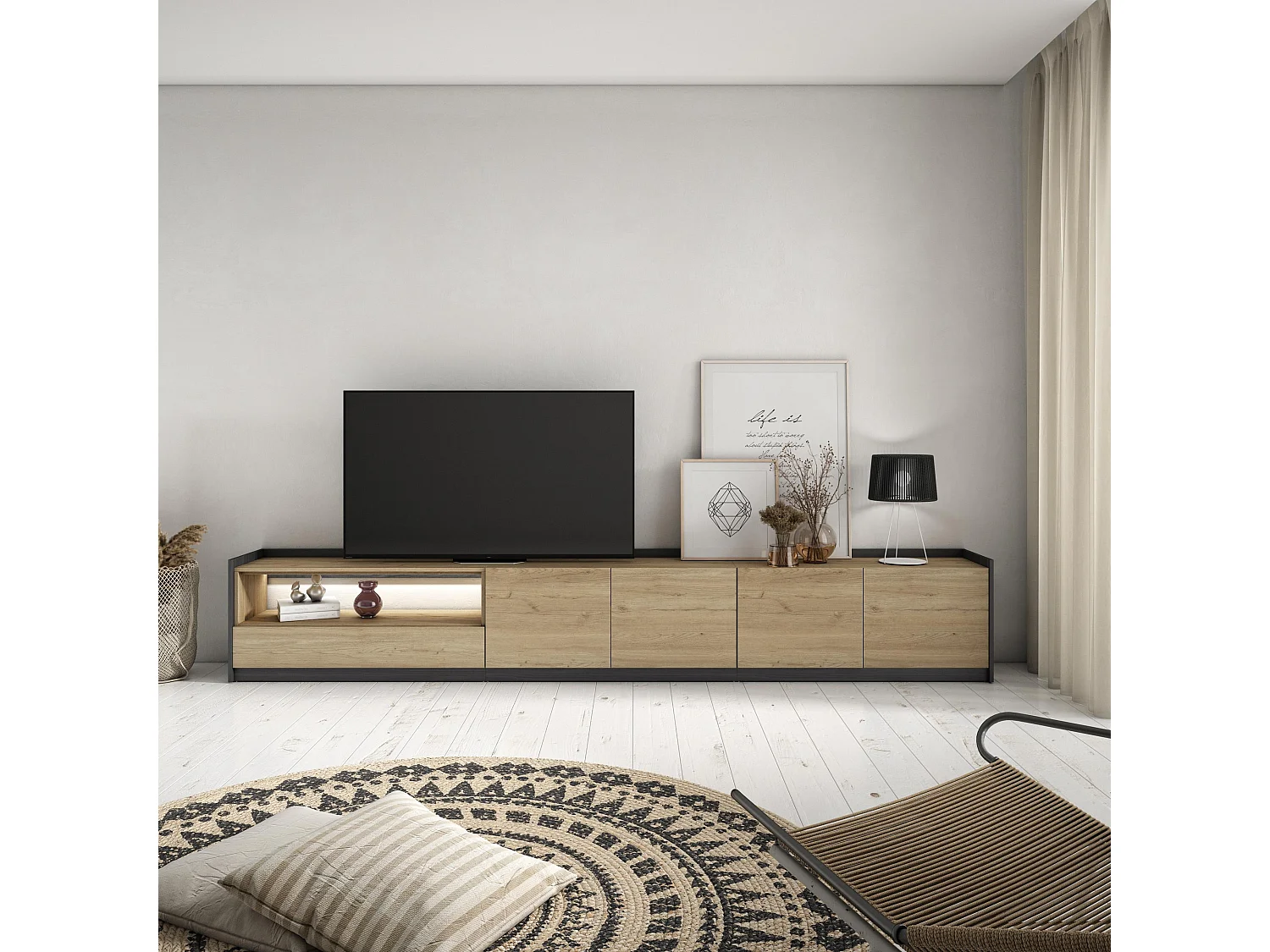 TV-Schrank, Lowboard, 310x50x37 cm, Für TV-Geräte bis zu 80", LED, Eiche Schwarz