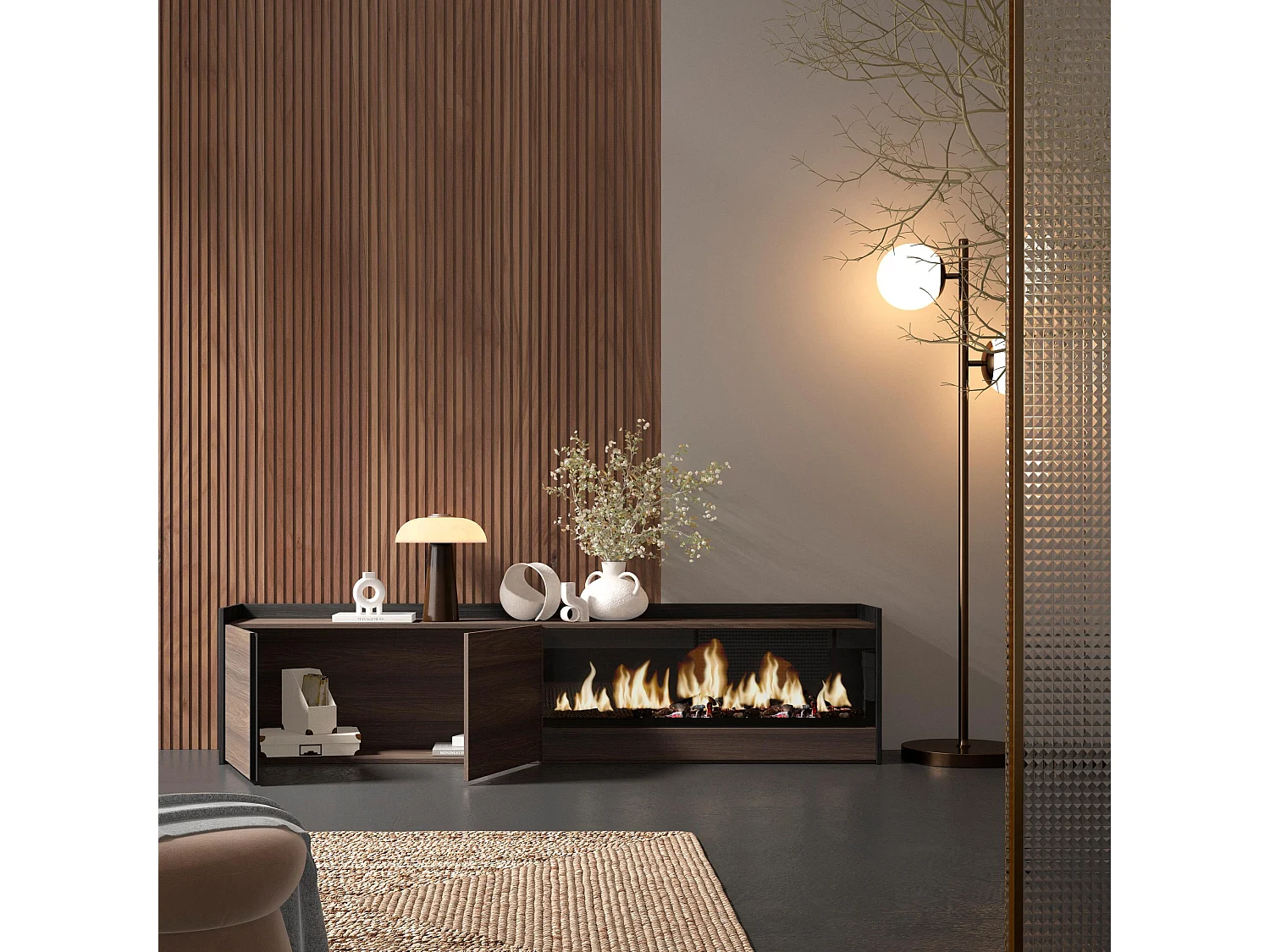 TV-Schrank, Lowboard, 212x50x35 cm, Für TV-Geräte bis zu 80", Elektrokamin XXL, Dunkler Eiche und Schwarz